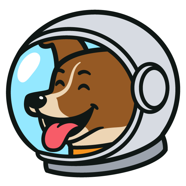 Laika mascot — cartoon brown and tan dog smiling with tongue out inside a round astronaut space helmet