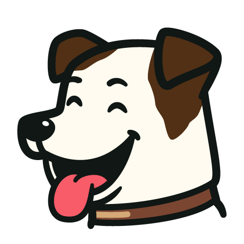 Nipper mascot happy — cartoon white and brown dog with eyes closed, mouth open in a grin, tongue out